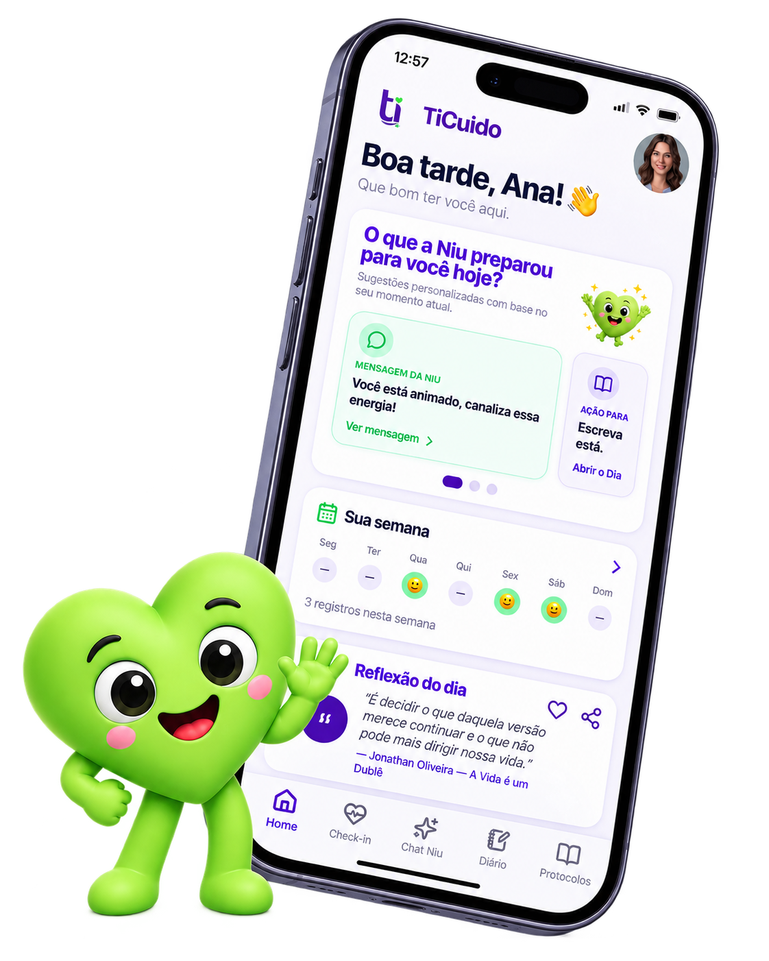 Tela do aplicativo TiCuido com a saudação Boa tarde, Ana e o mascote Niu
