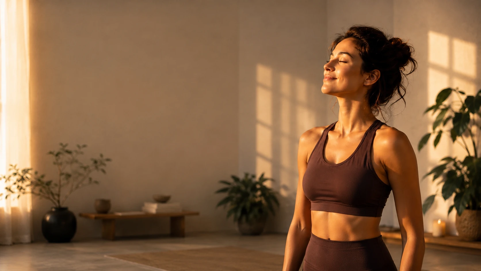 Mulher respirando com tranquilidade sob a luz do fim de tarde